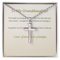 To My Granddaughter cross necklace with its message card, Said In Gold