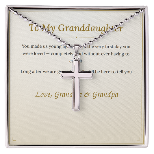 To My Granddaughter cross necklace with its message card, Said In Gold