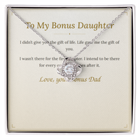 To My Bonus Daughter necklace with its message card, Said In Gold
